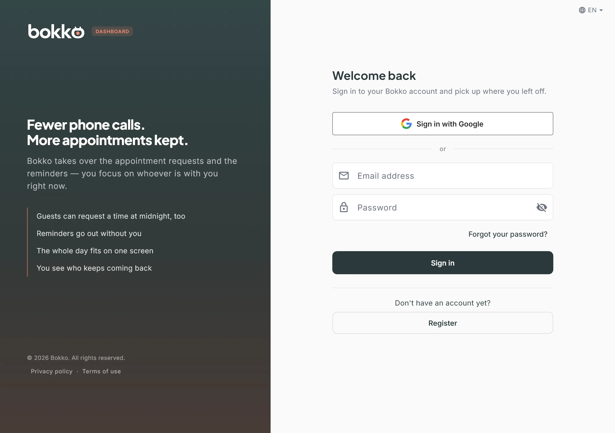 The login screen: Sign in with Google button, email and password below, Forgot your password? link, Sign in and Register buttons