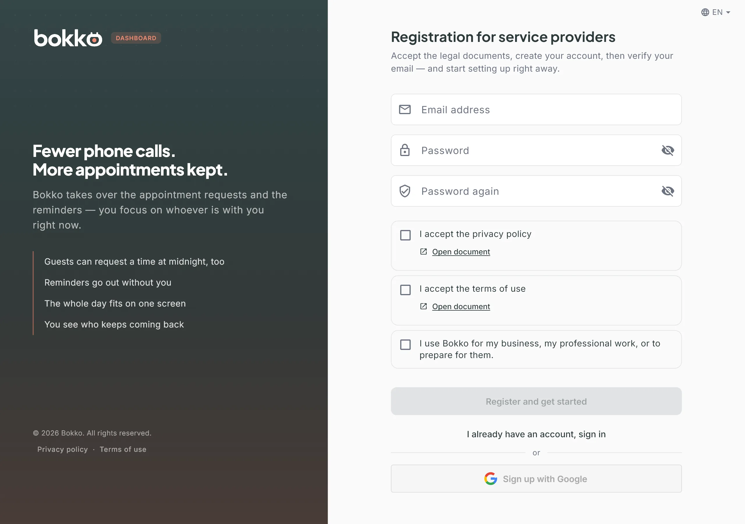 The sign-up screen: email, password twice, three required checkboxes, the Register and get started button, and Google sign-up below