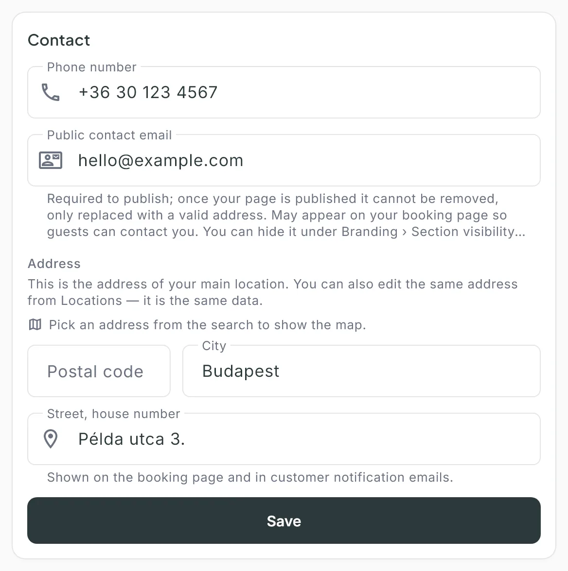 The Contact card with an edited address; the Save button has appeared at the bottom of the card