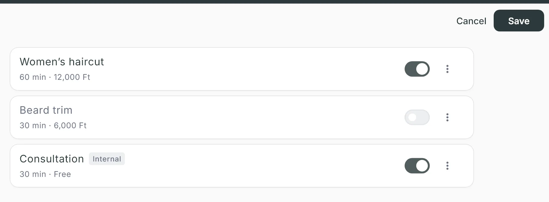 The Services list: the Beard trim switch toggled, Cancel and Save in the header; Consultation is marked Internal