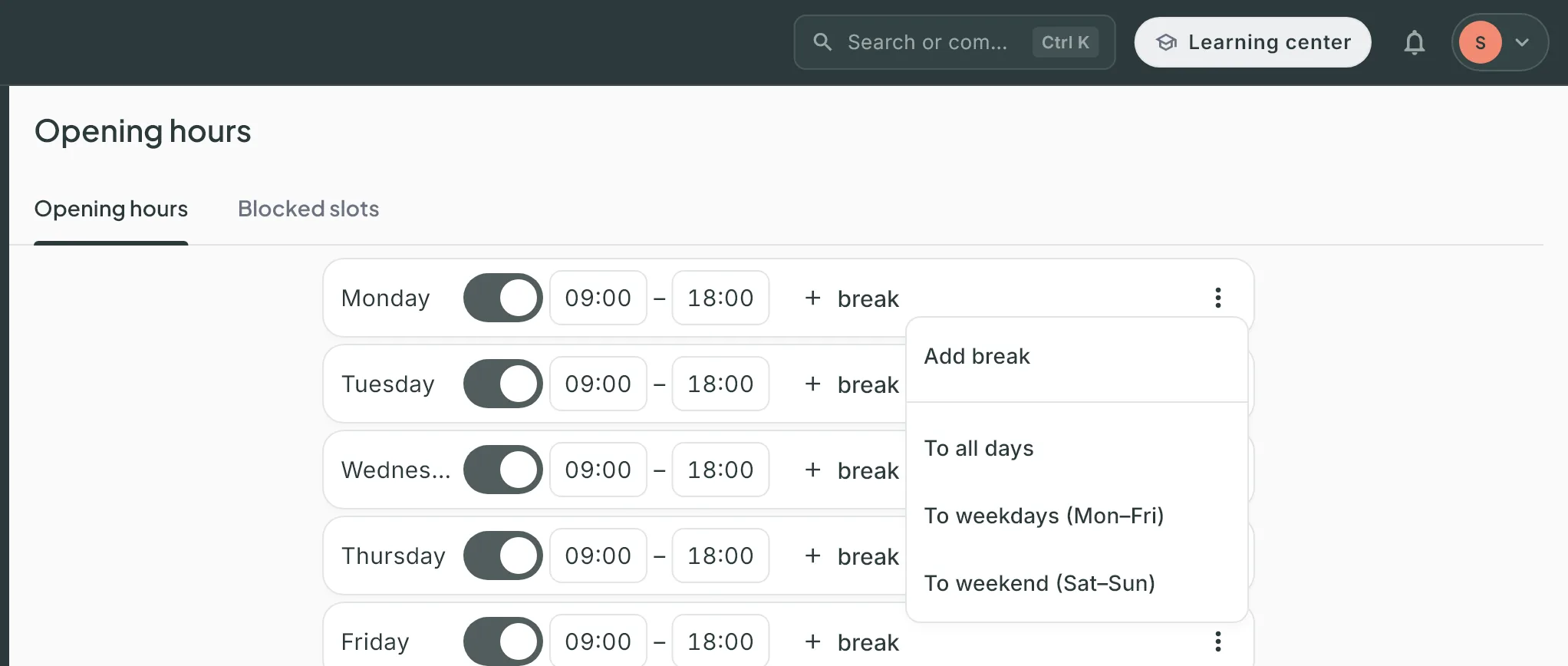 The Monday row menu: Add break, To all days, To weekdays, To weekend