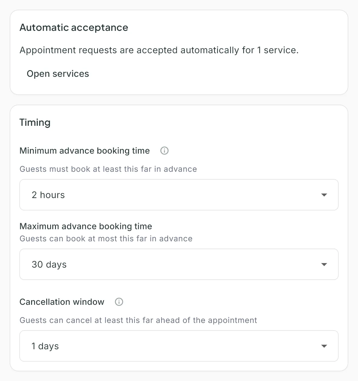 The top of Booking rules: the Automatic acceptance summary and the three settings of the Timing card