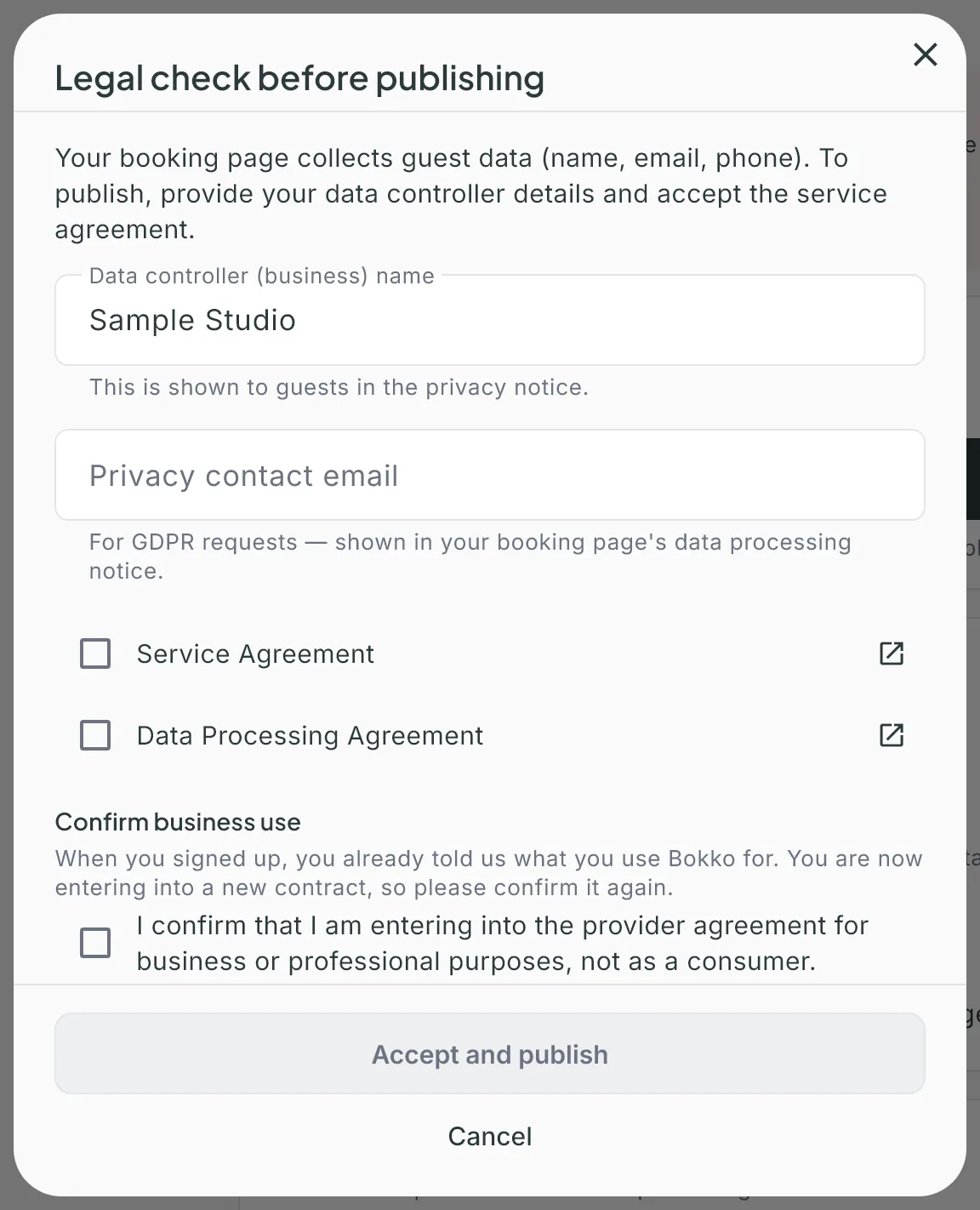 The Legal check before publishing window: data controller name, privacy email, agreement checkboxes and the Accept and publish button
