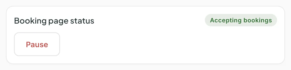 The Booking page status card showing Active with a Pause button