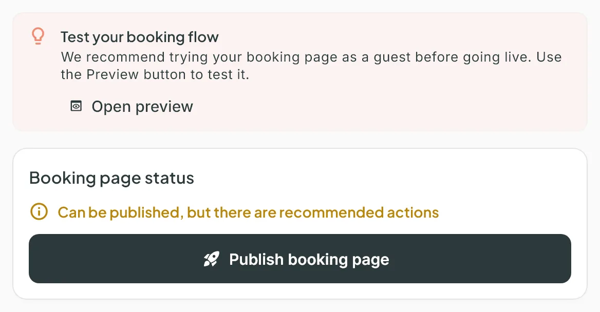 The Test your booking flow banner with Open preview, and below it the status card with the Publish booking page button