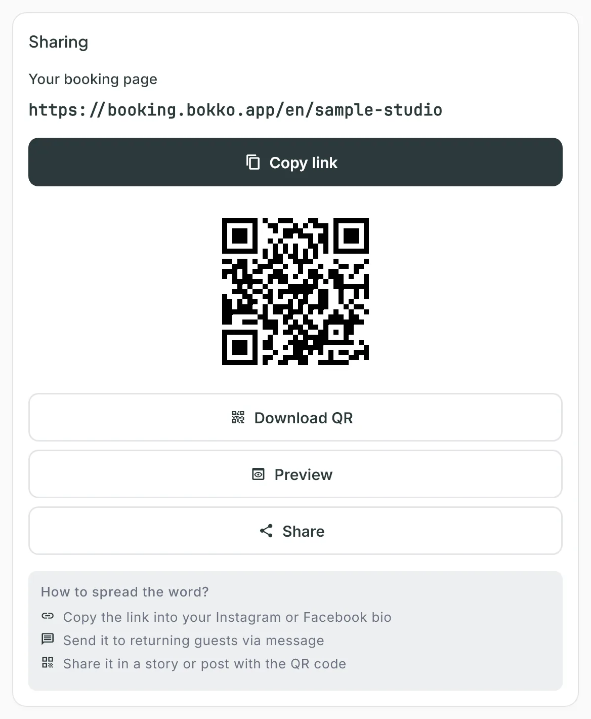 The Sharing card: the booking link, Copy link button, QR code, Download QR, Preview and Share buttons