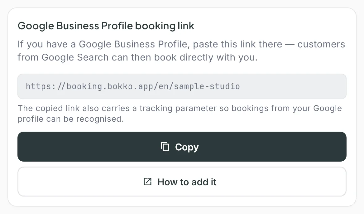 The Google Business Profile booking link card with the link, the Copy button and the How to add it link