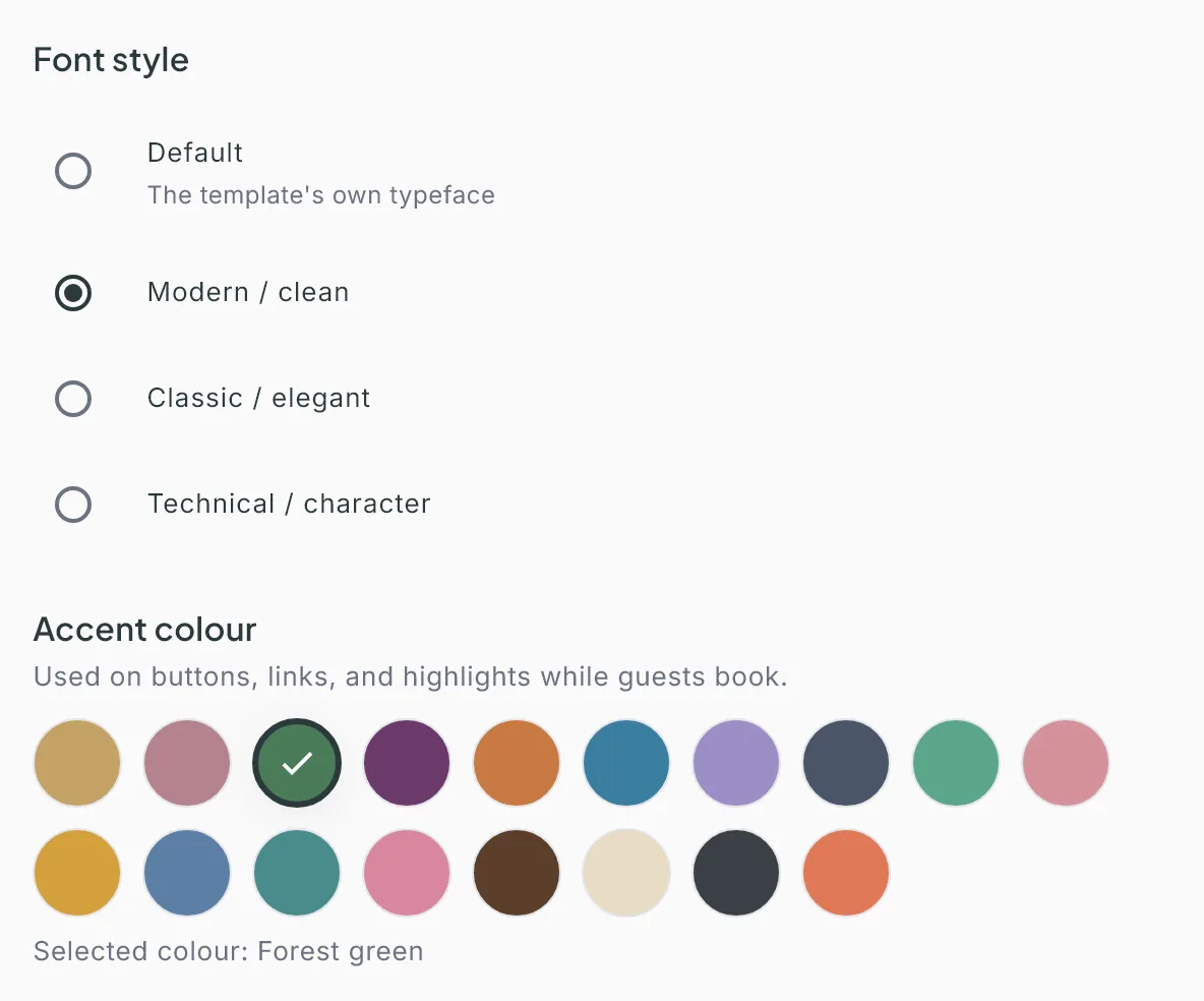 The Brand section: the Font style picker (Modern / clean selected) and the Accent colour palette with Forest green selected