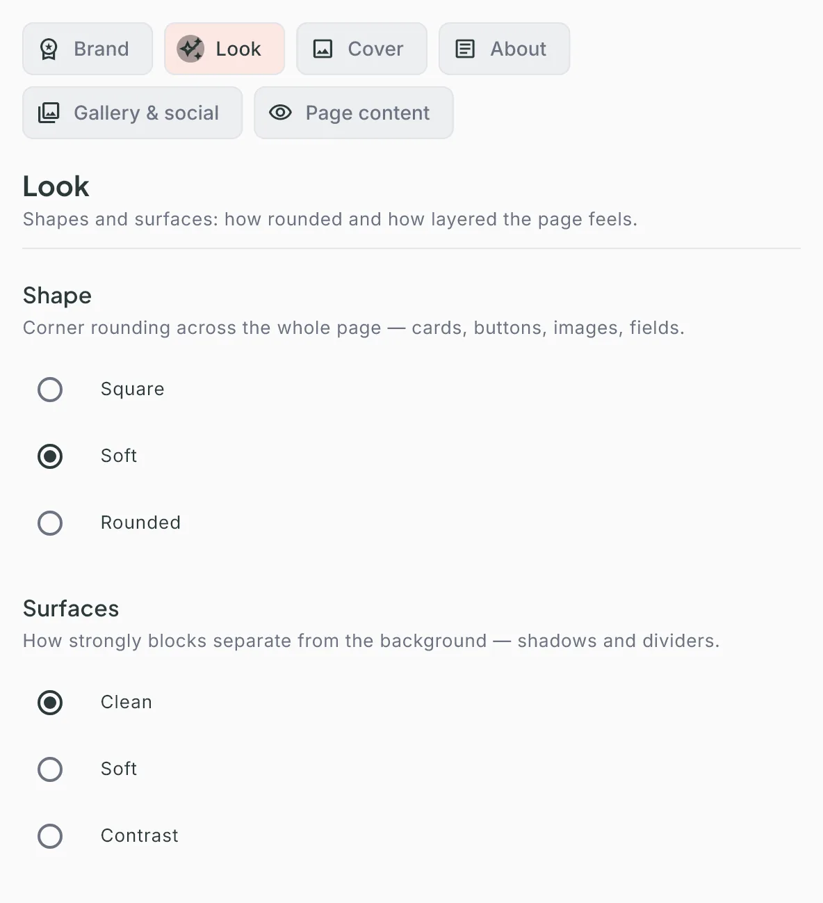 The Branding section selector with Look selected: Shape (Square, Soft, Rounded) and Surfaces (Clean, Soft, Contrast)