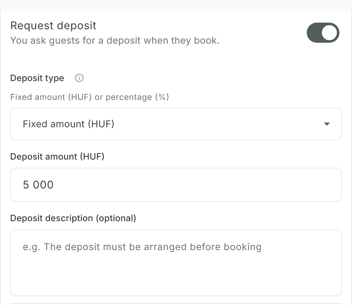 On the No-shows and payments card, Request deposit turned on, with Deposit type, the amount and the Deposit description field below