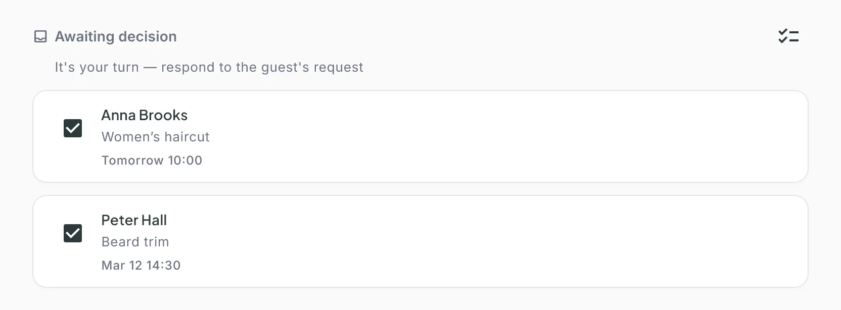Selection mode: the Awaiting decision section with two requests selected