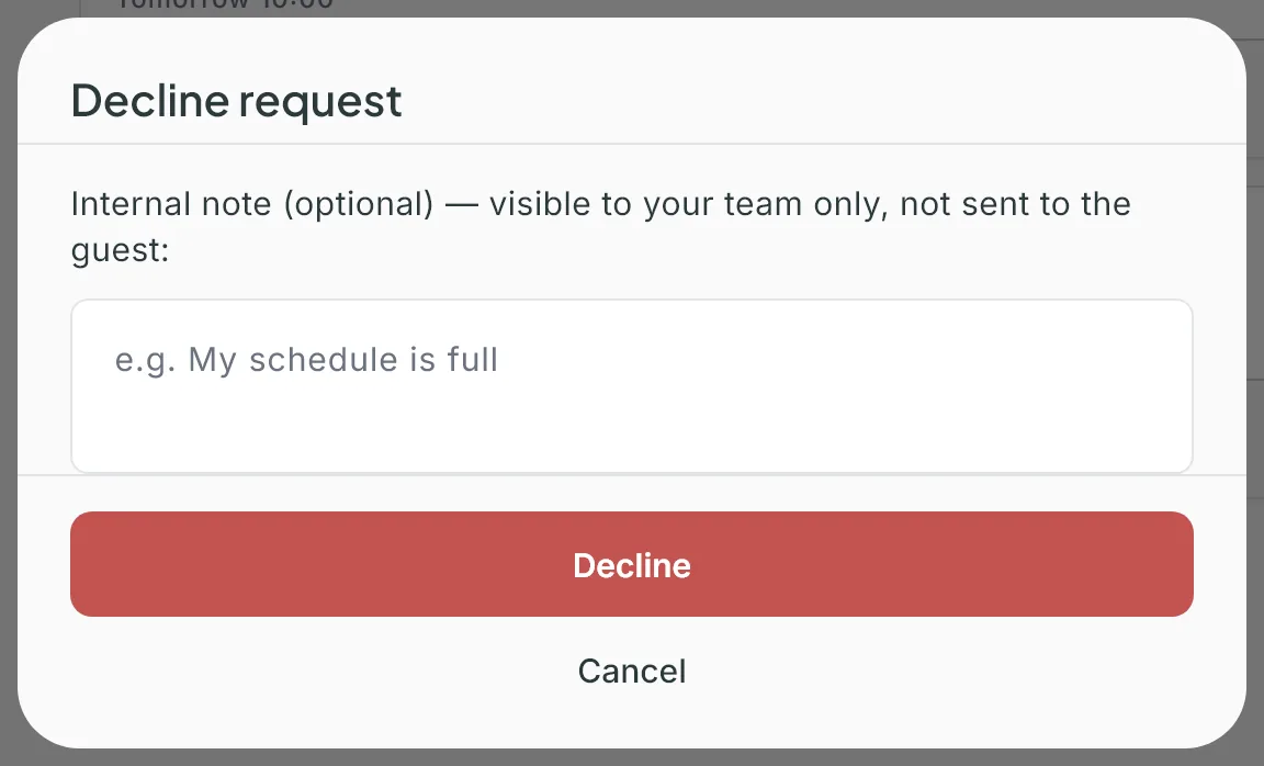 The Decline request window with the internal note field and the Decline button