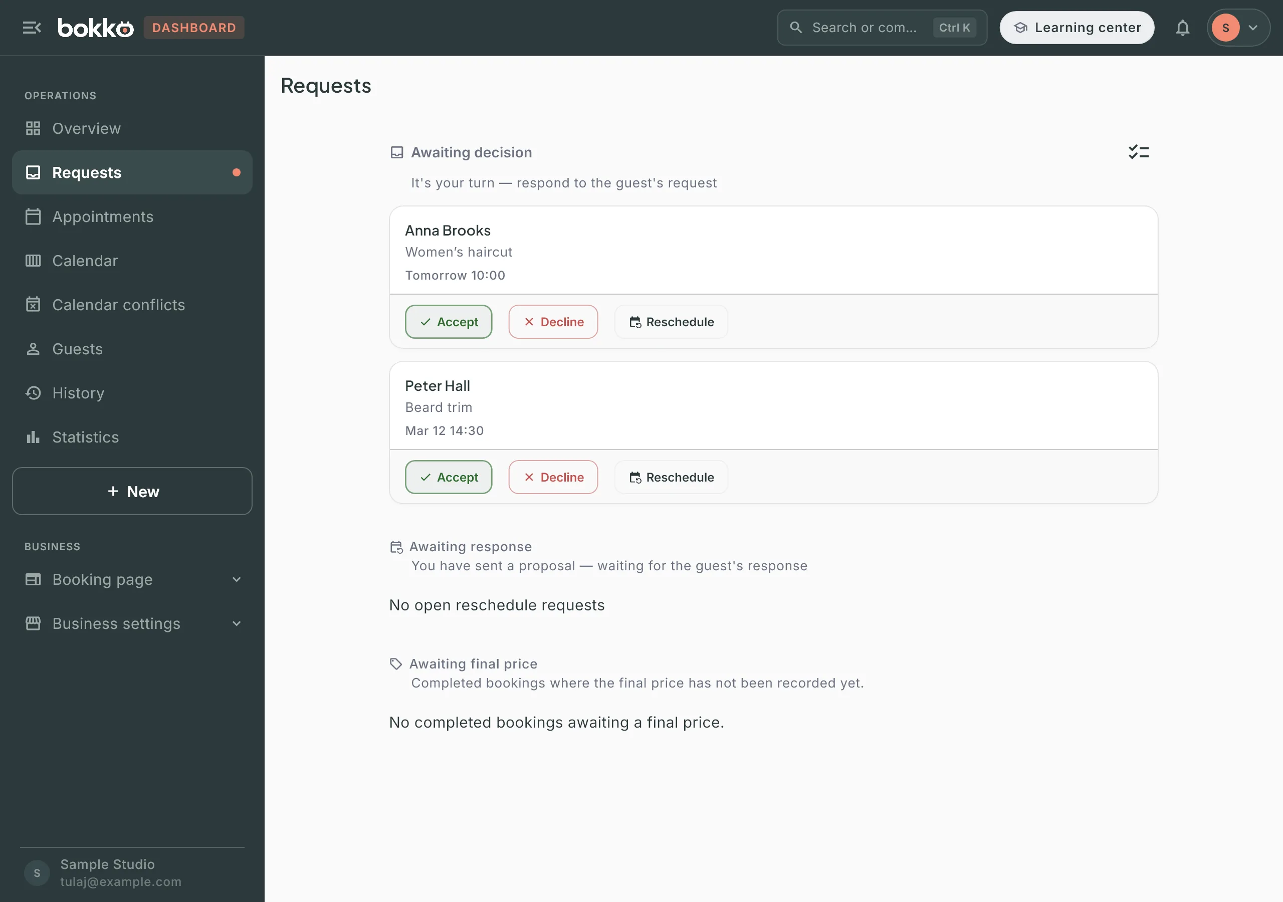 The Requests page with two pending requests; the first card shows the Accept, Decline and Reschedule buttons