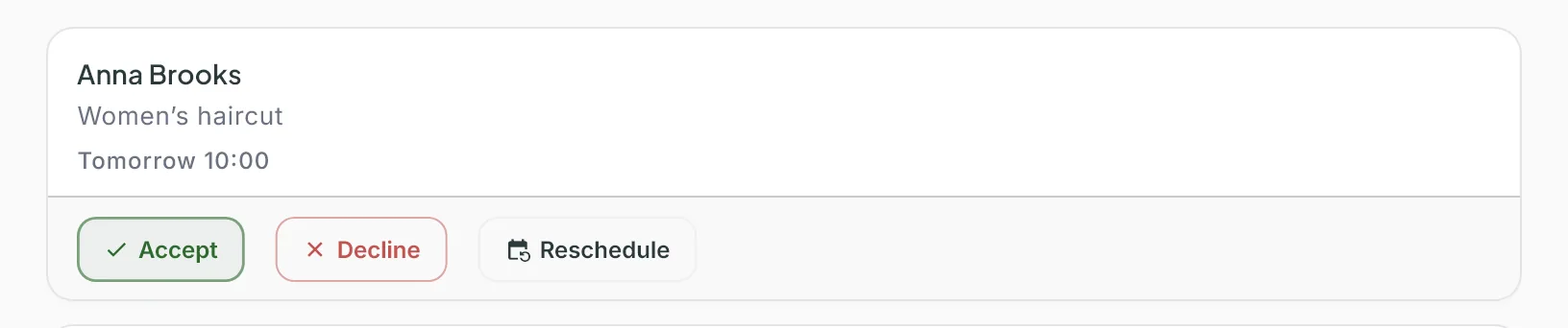 A pending request card with the Accept, Decline and Reschedule buttons