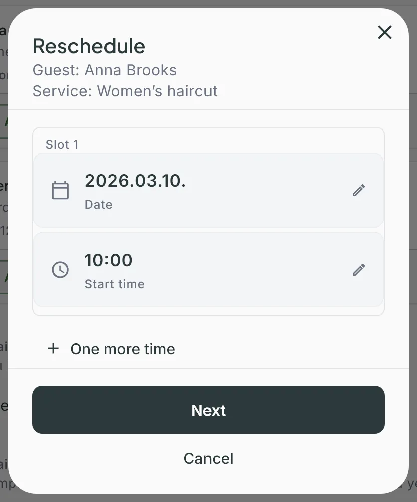 The Reschedule window with one proposed time, the One more time and the Next button