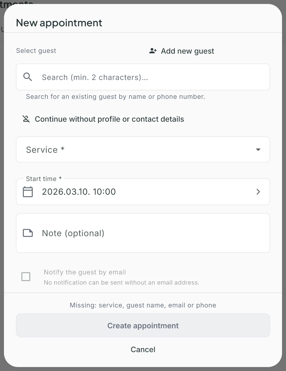 The New appointment window: Select guest, Service, Start time, Note, the email notification and the Create appointment button