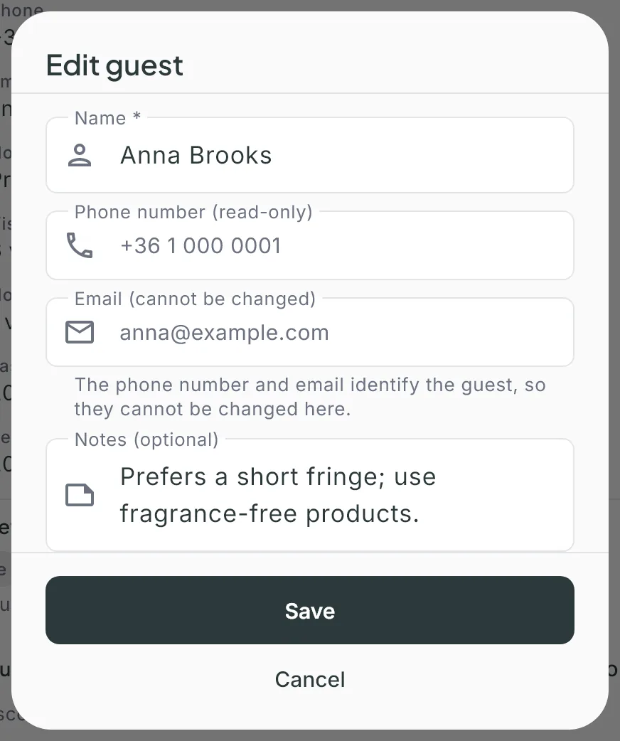 The Edit guest window with the Notes (optional) field and the Save button