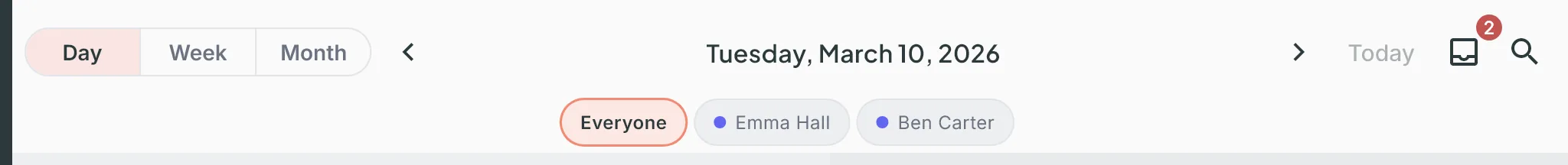 Calendar controls: the Day, Week, Month switcher, arrows, date, Today, and below the Everyone chip and the staff members