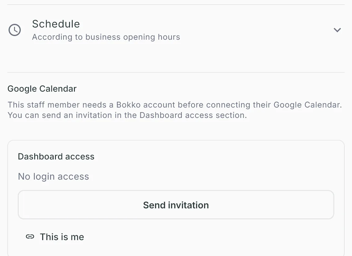 A staff profile: the Schedule section and Dashboard access with the Send invitation button