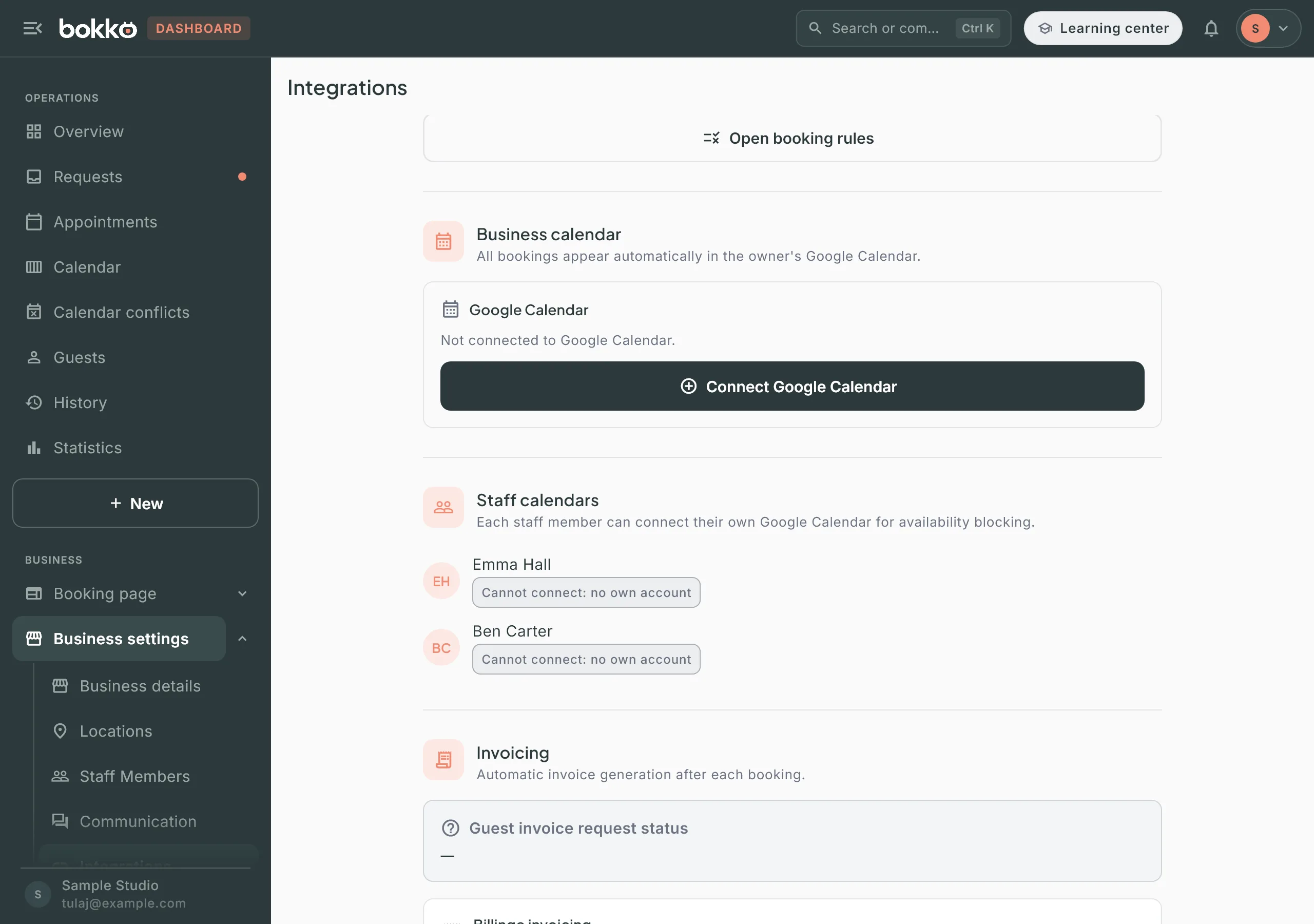 The Business calendar section of the Integrations page: not connected to Google Calendar, Connect Google Calendar button; below it Staff calendars