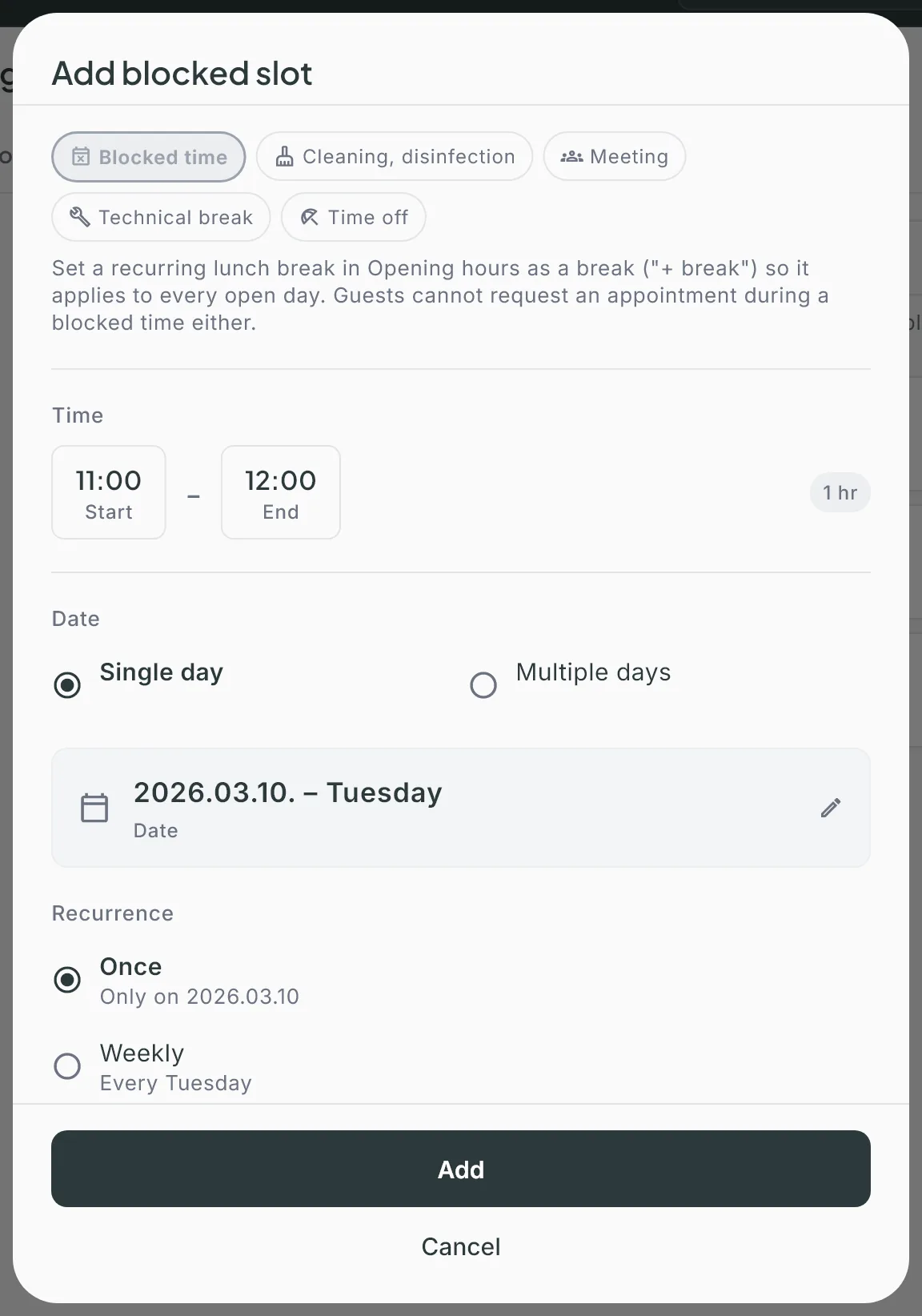 The Add blocked slot window with the type picker, the lunch-break tip, time, date and recurrence