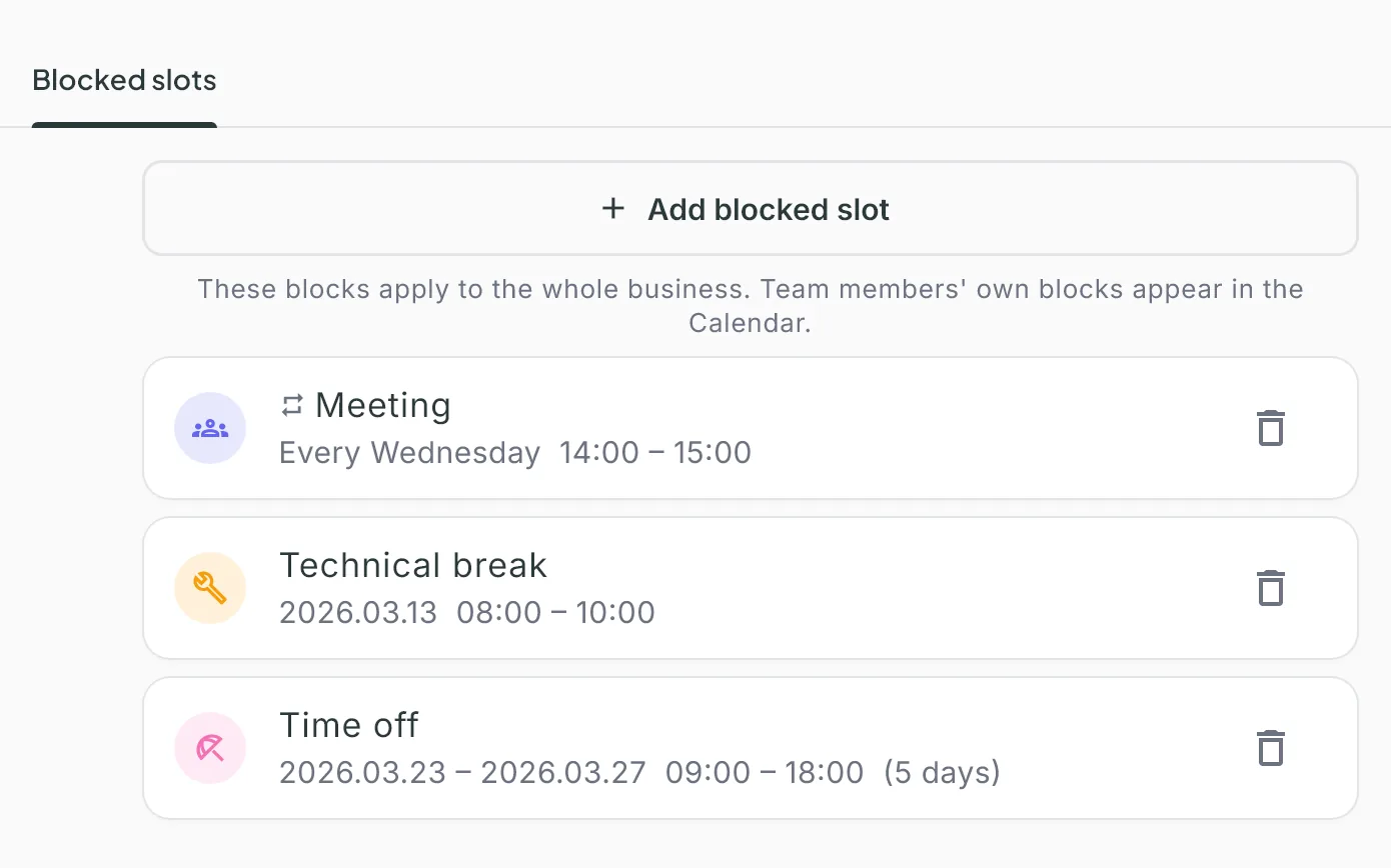 The Blocked slots tab of Opening hours with three blocks and the Add blocked slot button