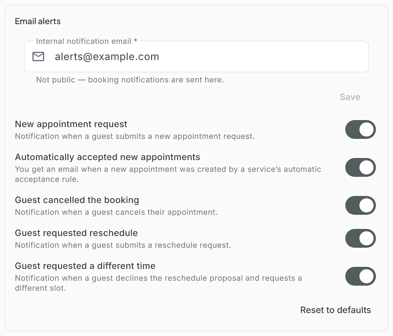 The Email alerts block with the internal notification email field, the Save button and the per-event toggles