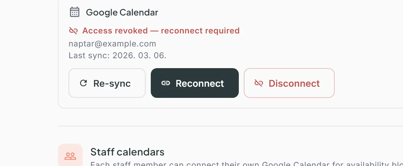 The Business calendar section on Integrations: the Google Calendar tile in the Access revoked — reconnect required state, with the Re-sync, Reconnect and Disconnect buttons below
