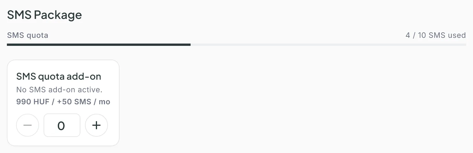 The SMS Package section of the My subscription page: SMS quota bar 4 / 10 SMS used, and the SMS quota add-on card with unit price and quantity editor