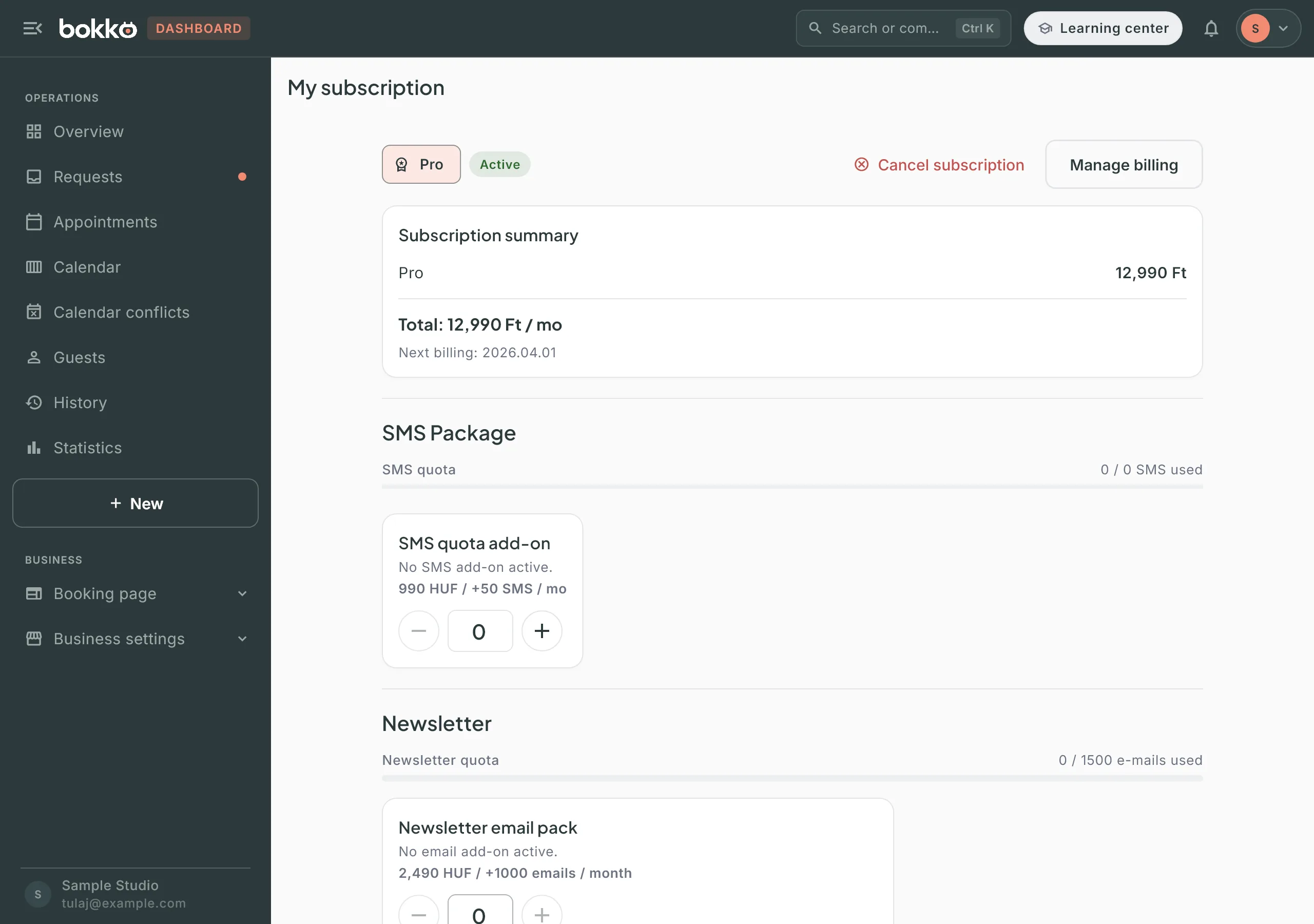 The plan row on My subscription: next to the Pro plan and the Active badge, the Cancel subscription and Manage billing buttons