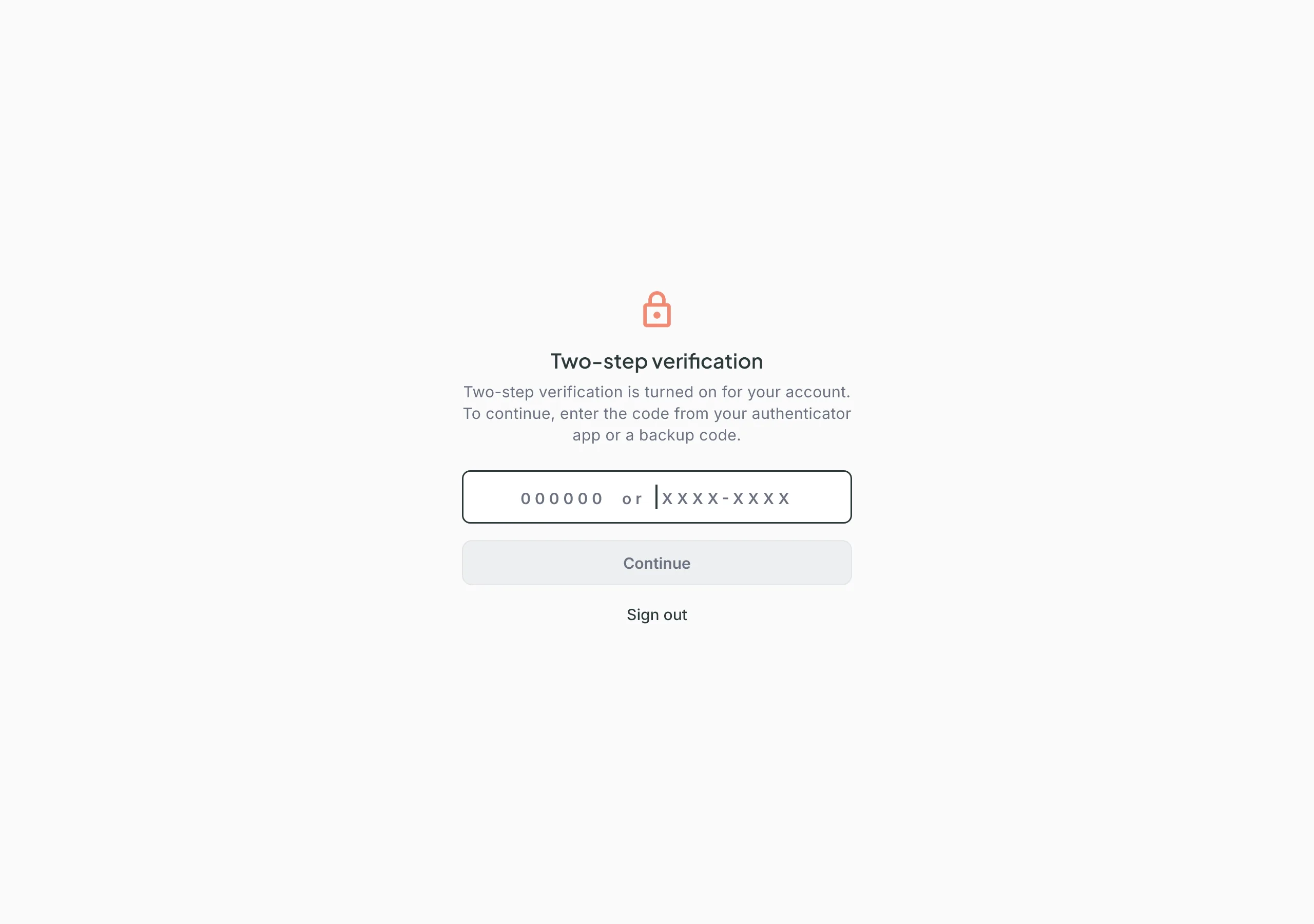 The dashboard Two-step verification screen after sign-in: lock icon, short explanation, a code field showing “000000 or XXXX-XXXX”, the Continue button and a Sign out link