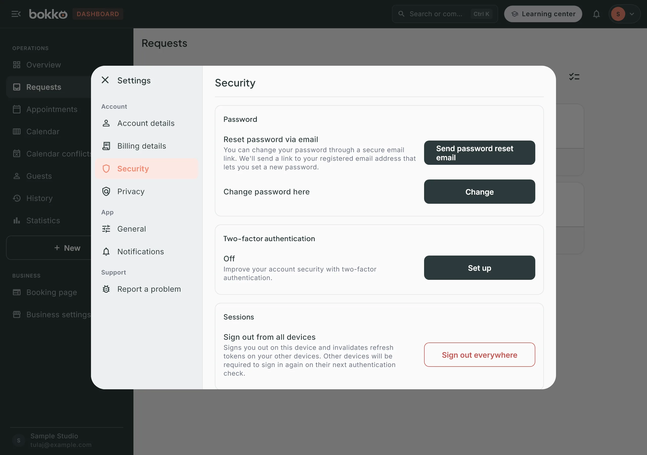 Settings › Security for an email/password account: the two Password rows, Two-factor authentication Off with a Set up button, and the Sessions block with Sign out everywhere