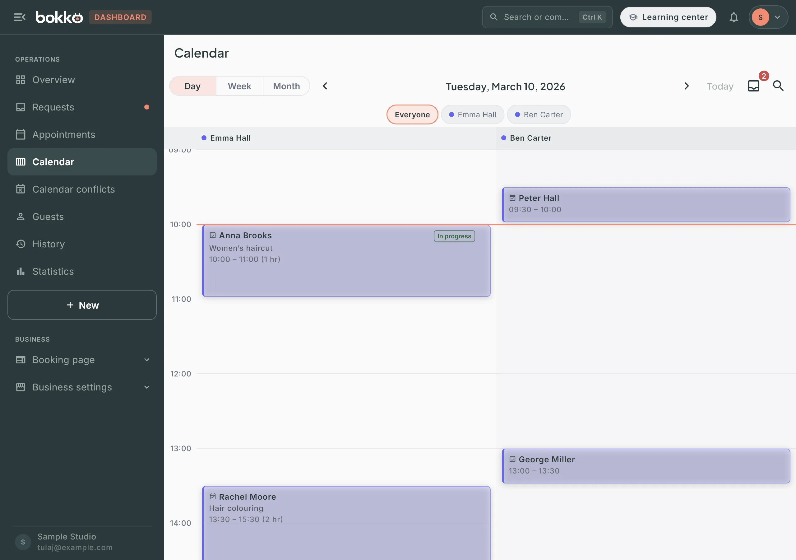 Calendar day view: Anna Brooks’ 10:00 booking with Emma Hall