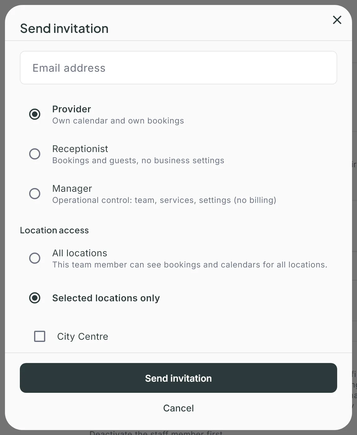 The Send invitation window: email address, the Provider, Receptionist and Manager roles with descriptions, and location access below