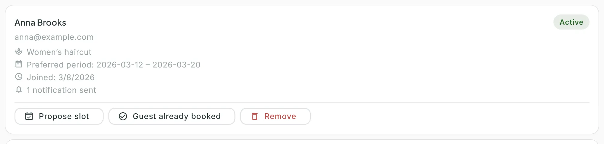 An active waitlist entry card: guest, service, preferred period, joined date, notification count, with the Propose slot, Guest already booked and Remove buttons
