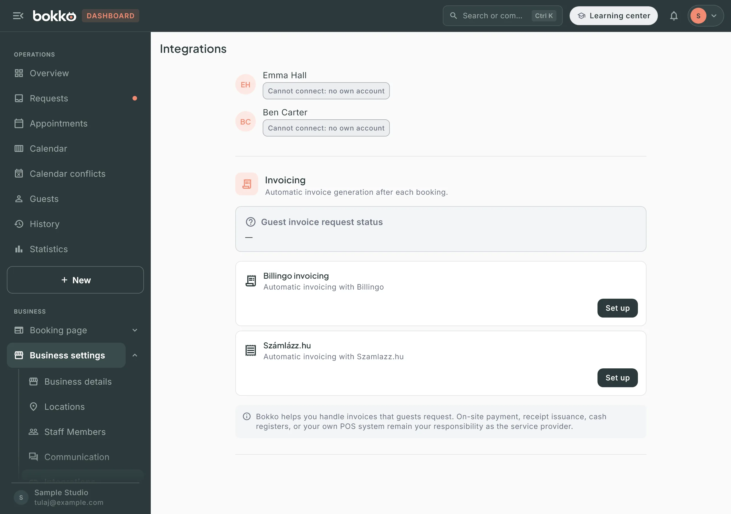 The Invoicing section on Integrations with no provider connected: the Billingo invoicing and Számlázz.hu tiles, each with a Set up button