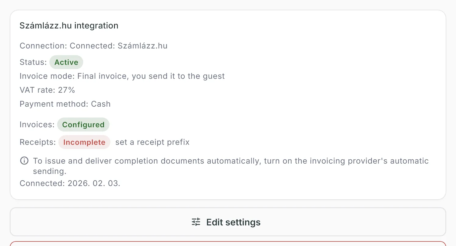 The Számlázz.hu integration panel of a connected account with Active status, invoice mode, VAT rate and payment method, followed by the Edit settings button