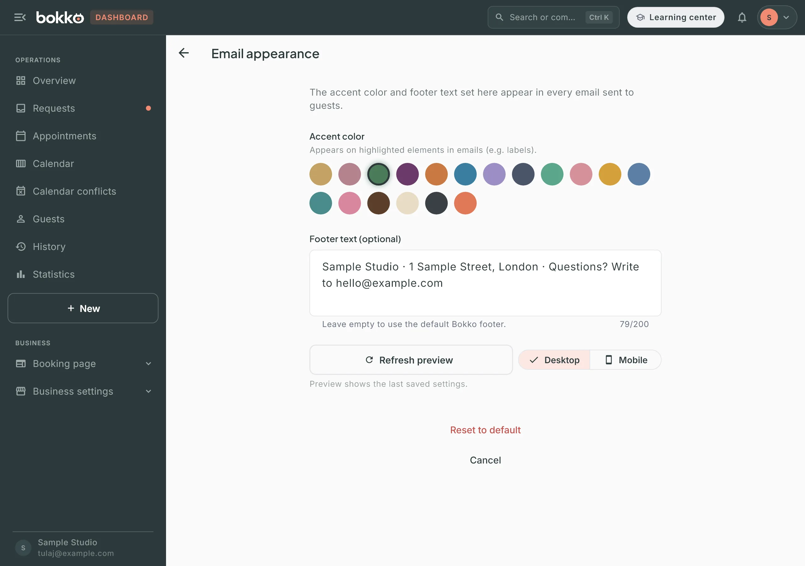 The Email appearance screen: green accent color selected, footer text filled in with a counter, Refresh preview and Reset to default buttons