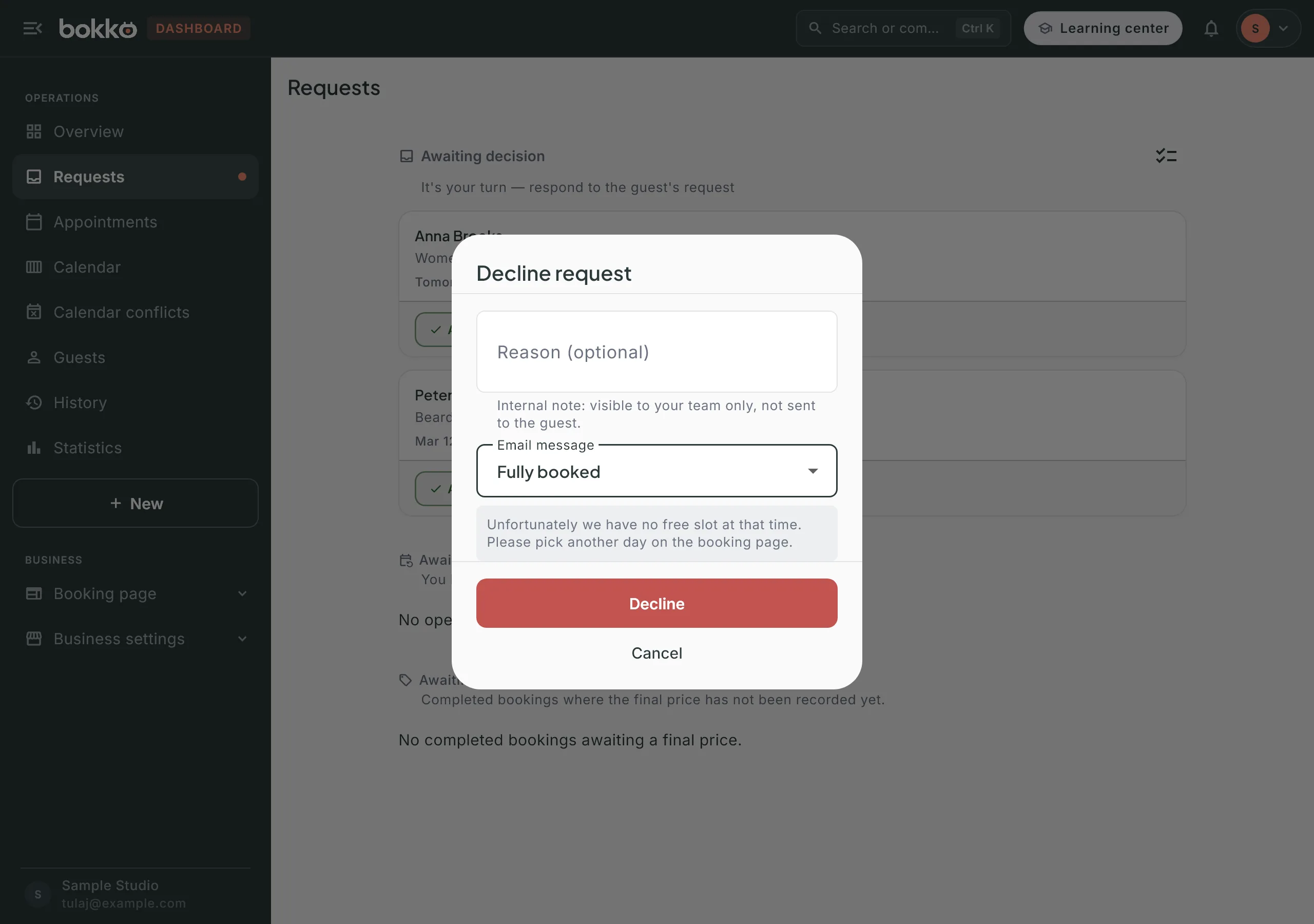 The Decline request window: the Fully booked variant selected in the Email message field, its intro text shown below
