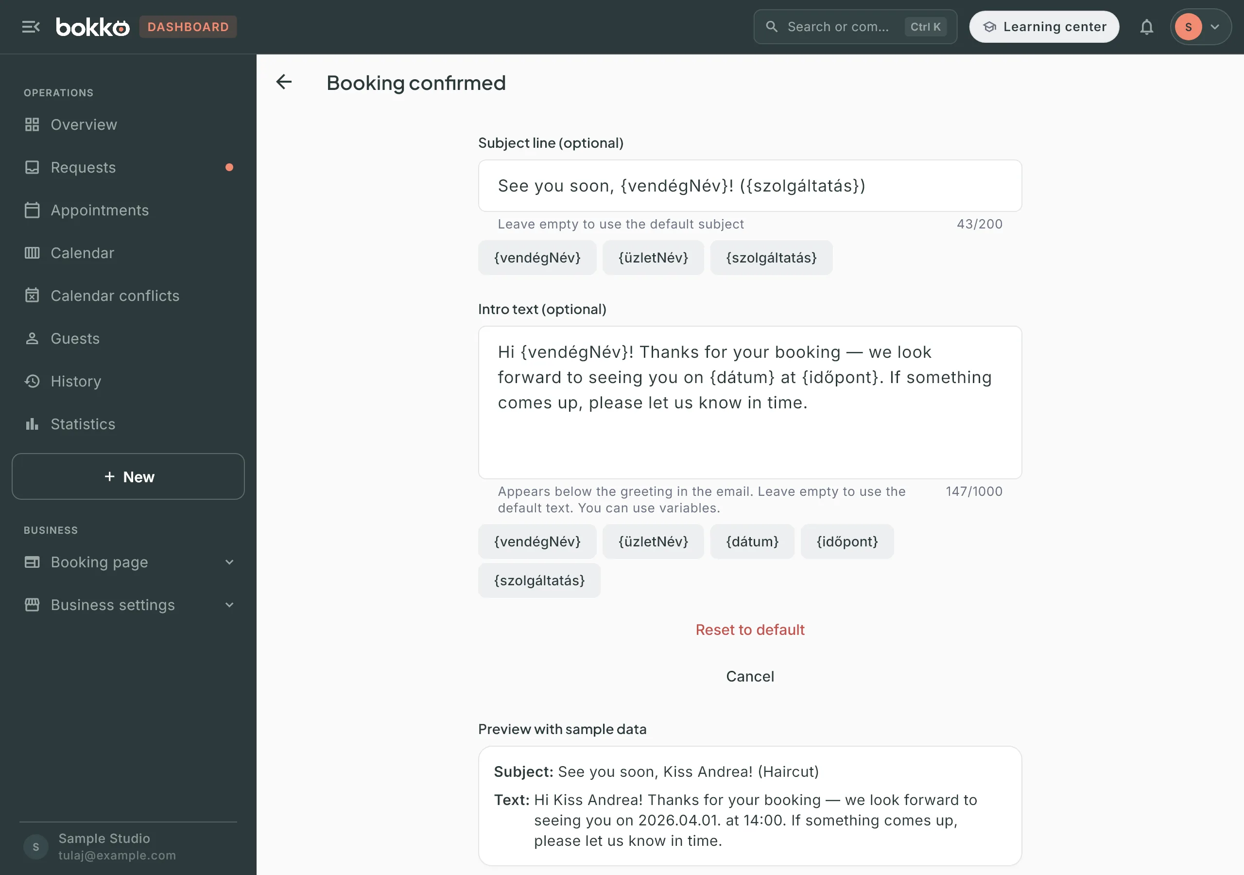 The template editor: Subject line and Intro text filled in, with the insertable placeholder chips below them