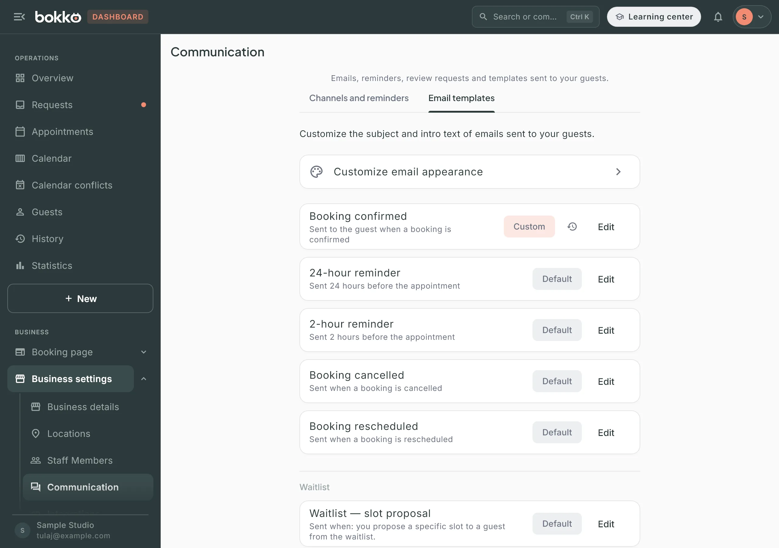 The Email templates tab of the Communication page, with the Customize email appearance row at the top