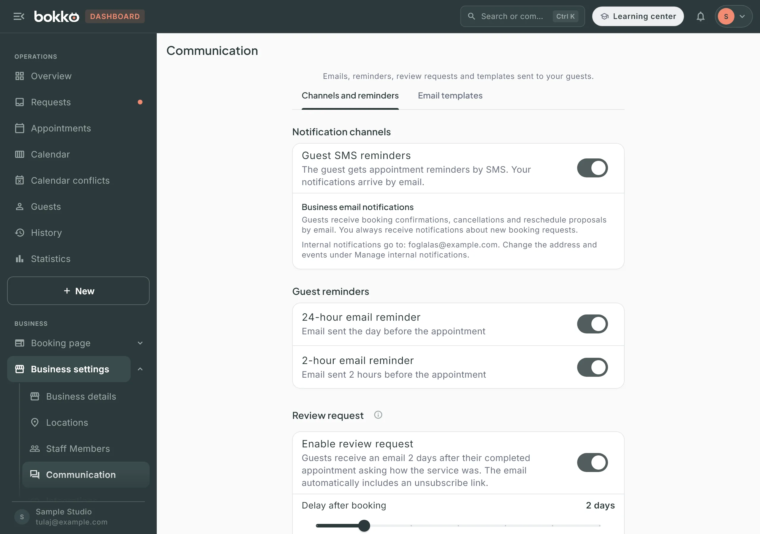 Communication › Channels and reminders: Guest SMS reminders on, Business email notifications with the internal address, both reminders and review requests on