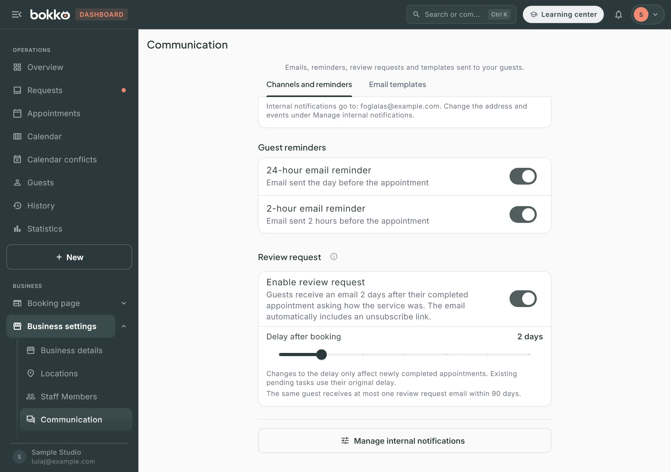 The bottom of the Communication page: the review request delay slider at 2 days, below it the Manage internal notifications button