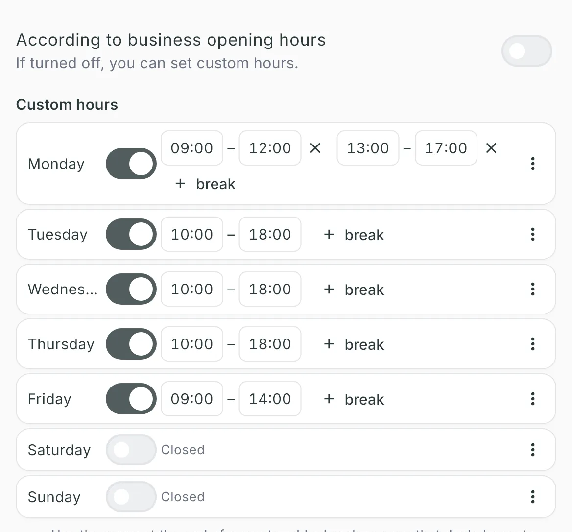 The Schedule section with According to business opening hours off: Monday has two bands with a lunch break, the weekend is closed