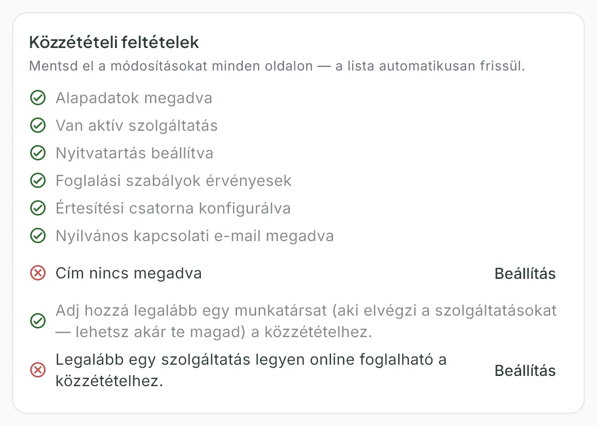 A Közzétételi feltételek kártya: teljesült feltételek pipával, a hiányzó cím és az online foglalható szolgáltatás hiánya piros jellel és Beállítás gombbal