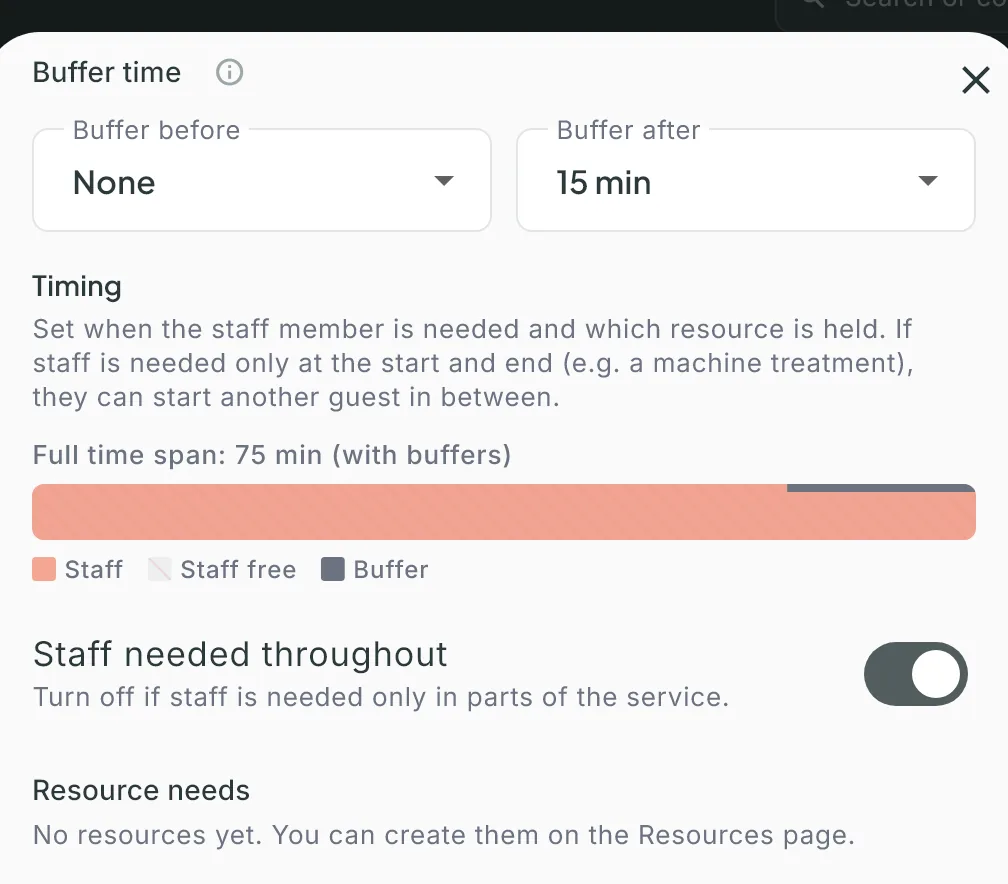 The service editor: Buffer time, Buffer after 15 min, and below the Timing section with “Full time span: 75 min (with buffers)”