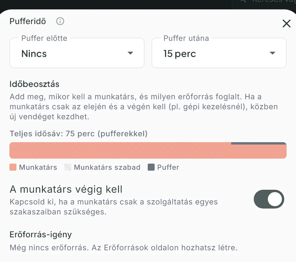 A szolgáltatás szerkesztője: Pufferidő, Puffer utána 15 perc, alatta az Időbeosztás a „Teljes idősáv: 75 perc (pufferekkel)” sávval