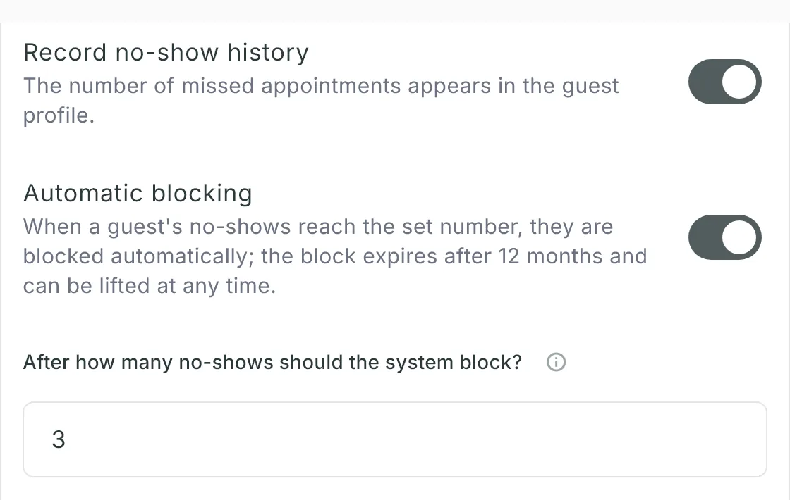 On the No-shows and payments card, the Record no-show history and Automatic blocking switches, with the threshold field set to 3 below