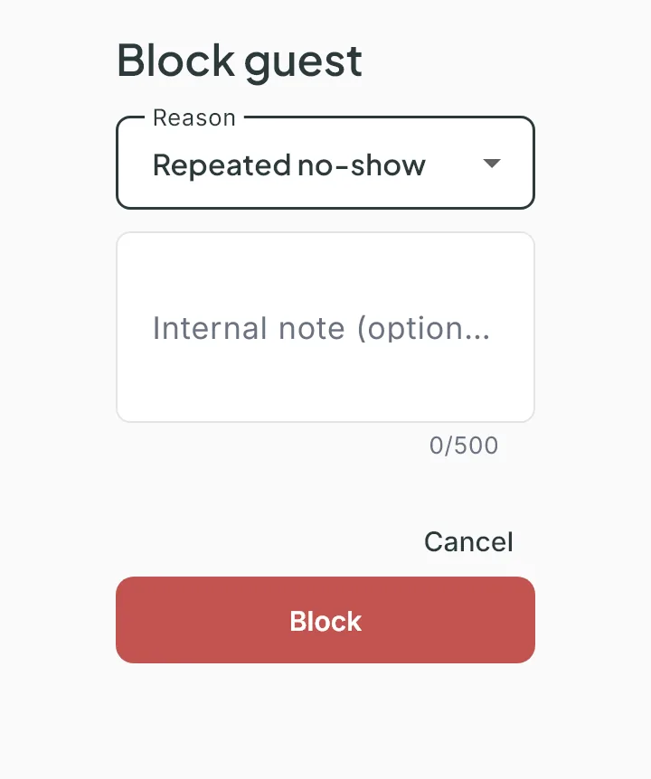 The Block guest window: Repeated no-show selected under Reason, the Internal note field, Cancel and the red Block button