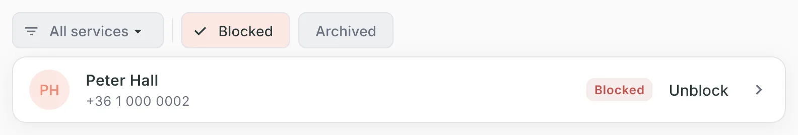 The Guests list with the Blocked filter on, and a blocked guest’s card with a Blocked badge and an Unblock button
